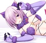  animal_ears areola_slip areolae bare_shoulders bra breasts claws dangerous_beast elbow_gloves fang fate/grand_order fate_(series) fur-trimmed_gloves fur_trim gloves hair_over_one_eye halloween_costume hands highres large_breasts looking_at_viewer lying mash_kyrielight naturalton o-ring on_bed on_side open_mouth palms pink_hair purple_bra purple_eyes purple_gloves scarf shadow short_hair solo underwear upper_body white_background wolf_ears 