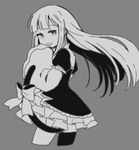  bow cat_tail dress frederica_bernkastel greyscale looking_to_the_side monochrome open_mouth sleeves_past_wrists smile tail tail_bow umineko_no_naku_koro_ni wide_sleeves yang38 