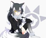  animal_ears black_hair blue_eyes blush breasts cleavage fur_collar gloves grey_wolf_(kemono_friends) heterochromia kemono_friends large_breasts leafy26 long_hair long_sleeves looking_at_viewer multicolored_hair necktie skirt solo tail two-tone_hair wolf_ears wolf_tail yellow_eyes 