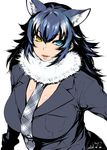  &gt;:) animal_ears black_gloves blazer blue_eyes blue_hair blush breasts dated extra_ears eyebrows_visible_through_hair fur_collar gloves grey_wolf_(kemono_friends) hair_between_eyes happa_(cloverppd) heterochromia jacket kemono_friends large_breasts long_hair looking_at_viewer multicolored_hair necktie number parted_lips plaid plaid_neckwear shiny shiny_skin simple_background smile solo two-tone_hair upper_body v-shaped_eyebrows white_background white_hair wolf_ears yellow_eyes 