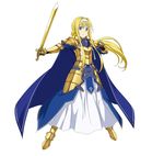  alice_schuberg armor armored_boots armored_dress blonde_hair blue_cape blue_eyes boots cape floating_hair full_body hairband holding holding_sword holding_weapon long_hair looking_at_viewer official_art osmanthus_blade simple_background solo standing sword sword_art_online sword_art_online:_code_register very_long_hair weapon white_background white_hairband 