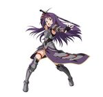  ahoge arm_up armor armored_boots armored_dress armpits black_gloves black_legwear boots breastplate detached_sleeves fingerless_gloves floating_hair full_body gloves hairband holding holding_sword holding_weapon kneehighs long_hair looking_at_viewer official_art open_mouth purple_hair red_eyes red_hairband simple_background solo standing sword sword_art_online sword_art_online:_code_register thigh_strap very_long_hair weapon white_background yuuki_(sao) 