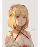  artist_name blonde_hair border braid breasts character_name cleavage closed_mouth collar copyright_name echosdoodle english flower green_eyes hair_flower hair_ornament medium_breasts mole mole_under_eye persephone_(tower_of_saviors) short_hair solo tower_of_saviors upper_body 