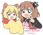  1girl :d animal_ears blonde_hair brown_hair cravat crown fang happy_birthday lion_ears maria_(umineko) open_mouth purple_eyes red_eyes sakutarou scarf sleeves_past_wrists smile umineko_no_naku_koro_ni ushiromiya_maria v yang38 