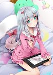  akatsuki_hijiri bed blue_eyes bow commentary_request eromanga_sensei hair_bow izumi_sagiri long_hair looking_at_viewer meta recursion silver_hair solo stylus tablet_pc 