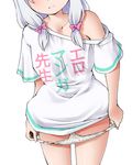  clothes_writing commentary_request dr_rex eromanga_sensei head_out_of_frame izumi_sagiri long_hair no_pants off_shoulder panties panty_pull shirt silver_hair solo t-shirt translation_request underwear white_background white_panties 