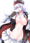  1girl azur_lane bangs black_jacket black_legwear blush breasts capelet cleavage collarbone covered_mouth crossed_bangs eyebrows_visible_through_hair fur-trimmed_capelet fur_trim g_(desukingu) gloves graf_zeppelin_(azur_lane) groin hair_between_eyes hat highres iron_cross jacket large_breasts long_hair looking_at_viewer messy_hair military military_uniform navel no_bra open_clothes pantyhose peaked_cap pleated_skirt red_eyes sidelocks silver_hair simple_background skirt skirt_tug solo stomach uniform very_long_hair white_background white_skirt 