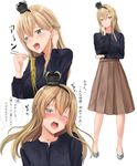  alternate_costume blonde_hair blue_eyes blue_shirt blush braid brown_skirt casual chopsticks eating expressions food french_braid full_body hairband highres irohakaede jewelry kantai_collection long_hair long_skirt multiple_views necklace noodles ramen saliva shirt skirt standing translation_request warspite_(kantai_collection) 