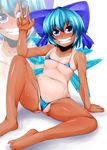  arm_support bangs bare_arms bare_legs bare_shoulders barefoot bikini blue_bikini blue_bow blue_eyes blue_hair blush bow breasts cirno collarbone fat_mons grin hair_bow hidden_star_in_four_seasons highres looking_at_viewer micro_bikini nose_blush one-piece_tan partially_visible_vulva short_hair sitting skindentation small_breasts smile solo spread_legs sweat swimsuit tan tanline tanned_cirno teikoku_gensui touhou zoom_layer 