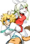  2girls artist_request blonde_hair blue_eyes borrowed_character chinese_clothes clothes_swap fu-chan furry green_hair multiple_girls one_eye_closed rabbit red_eyes short_hair tiger 