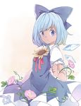  2017 :o bangs blue_dress blue_eyes blue_hair blue_ribbon bow cirno collared_shirt cowboy_shot dated dress eyebrows_visible_through_hair flower hair_bow hand_up hidden_star_in_four_seasons highres ice ice_wings ivy leaf looking_at_viewer md5_mismatch neck_ribbon open_mouth pink_flower puffy_short_sleeves puffy_sleeves red_ribbon ribbon sharmi1010 shirt short_dress short_hair short_sleeves signature smile solo sunflower swept_bangs tan tanned_cirno touhou upper_teeth white_shirt wind wings 