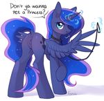  2017 absurd_res anus blue_feathers butt collar cutie_mark dialogue english_text equine feathered_wings feathers female fensu-san feral friendship_is_magic glowing hair hi_res horn leash looking_at_viewer magic mammal my_little_pony princess_luna_(mlp) pussy simple_background solo text white_background winged_unicorn wings 