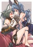  animal_ears bare_back bare_shoulders barefoot belt beltskirt blue_dress blue_hair blush breasts brown_gloves cat_ears claw_(weapon) claws commentary couch dress earrings erune fang ferry_(granblue_fantasy) fingering fingering_through_clothes gloves granblue_fantasy grey_hair hand_on_another's_cheek hand_on_another's_face jewelry kneeling long_hair loose_belt miniskirt multiple_girls on_couch open_mouth sen_(granblue_fantasy) sideboob skirt small_breasts smile through_clothes twitter_username uruha_(yw1109) wavy_hair weapon yellow_eyes yuri 
