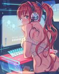  ass back back_tattoo bangs breasts butt_crack from_behind green_eyes hair_ribbon headphones highres holographic_interface holographic_keyboard leaning_forward long_hair looking_back mansu medium_breasts midriff mouth_hold nape no_bra off_shoulder original ponytail red_hair ribbon short_shorts shorts shoulder_blades sitting snack solo strapless tattoo tubetop 