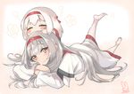  ^_^ artist_name chibi closed_eyes closed_mouth commentary_request dress dual_persona eyebrows_visible_through_hair full_body hakama_skirt headband japanese_clothes kantai_collection long_hair looking_at_viewer lying multiple_girls on_stomach orange_eyes sensen shoukaku_(kantai_collection) signature silver_hair smile younger 