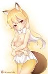  animal_ears cameltoe chiyami ezo_red_fox kemono_friends nipples pantyhose skirt_lift tail topless 