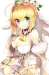  absurdres ahoge bangs bare_shoulders belt belt_buckle blonde_hair blush breasts bridal_veil buckle chain closed_mouth cowboy_shot detached_collar detached_sleeves fate/extra fate_(series) flower flower_wreath from_side full-length_zipper garter_straps gloves green_eyes hair_between_eyes hair_intakes hand_on_breast hand_on_own_chest head_wreath highres hips large_breasts leotard light_smile lock looking_at_viewer loose_belt nero_claudius_(bride)_(fate) nero_claudius_(fate)_(all) padlock puffy_detached_sleeves puffy_sleeves ranf showgirl_skirt sidelocks simple_background skirt smile solo strapless strapless_leotard tied_hair veil white_background white_flower white_gloves white_leotard white_skirt white_sleeves zipper zipper_pull_tab 