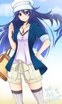  artist_name bag blue_hair dated hand_on_hip handbag hat highres jewelry kazanari_tsubasa kiraki long_hair necklace pendant senki_zesshou_symphogear shorts smile solo symphogear_pendant thighhighs 