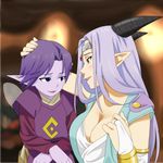  1girl bare_shoulders blue_eyes blush breasts bridal_gauntlets cleavage dragon_quest dragon_quest_x elf_(dq10) estella_(dq10) fairy_wings hand_on_another's_head highres horns jpeg_artifacts large_breasts long_hair looking_at_another open_mouth pointy_ears purple_hair purple_skin smile sweatdrop upper_body wings yellow_eyes yokkest 