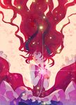  1girl at_another long_hair looking_ mahou_shoujo_madoka_magica open_mouth red_eyes red_hair sakura_kyouko simple_background solo 