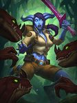  absurdres backpack bag belt blue_lips blue_sclera blue_skin breasts bright_pupils cornered_sentry digitigrade dinosaur draenei glowing glowing_eyes green_sclera hearthstone highres horns jomaro_kindred jungle long_hair looking_at_viewer midriff nature navel official_art open_mouth ponytail purple_hair raptor sharp_teeth shorts solo sword tail teeth warcraft weapon white_pupils world_of_warcraft 