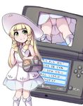  bag blonde_hair braid dress duffel_bag fun_bo gameplay_mechanics green_eyes handheld_game_console hat lillie_(pokemon) long_hair nintendo_3ds panties pantyshot pokemon pokemon_(game) pokemon_sm see-through simple_background sleeveless sleeveless_dress smile solo sun_hat twin_braids underwear white_background white_dress white_hat white_panties 