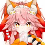  1girl :3 animal_ears bell bell_collar cellphone collar fate/grand_order fate_(series) fox_ears hair_ribbon long_hair lytlennier open_mouth paws phone pink_hair ribbon simple_background smartphone solo tamamo_(fate)_(all) tamamo_cat_(fate) white_background yellow_eyes 