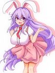  :d animal_ears apron bangs breasts bunny_ears commentary_request cowboy_shot crescent drop_shadow eyebrows_visible_through_hair hair_between_eyes hanging_breasts highres huge_breasts leaning_forward long_hair looking_at_viewer necktie open_mouth pink_apron pink_eyes puffy_short_sleeves puffy_sleeves purple_hair red_neckwear reisen_udongein_inaba shirt short_sleeves smile solo sprout_(33510539) standing touhou underbust very_long_hair waitress white_shirt 