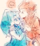  1girl blue_eyes blue_hair closed_eyes cousins forehead_kiss holding_hands ibuki_(pokemon) kiss long_hair mayugeneko monochrome pokemon pokemon_(game) pokemon_hgss ponytail red_hair short_hair sound_effects wataru_(pokemon) 