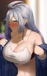  ahoge bare_shoulders blush breasts cleavage closed_mouth collarbone commentary_request from_side granblue_fantasy highres indoors large_breasts long_hair long_sleeves looking_at_viewer looking_to_the_side muunyan_(yumenekoya) navel nose_blush silva_(granblue_fantasy) silver_hair solo stomach sweat undressing upper_body white_bikini_top yellow_eyes 