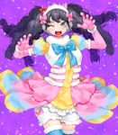  ;d black_eyes black_hair bloomers blue_bow blue_legwear blush bow claw_pose cowboy_shot fangs floating_hair fur_trim garuru_(pripara) gloves happa_(cloverppd) headphones highres horn_bow horns long_hair looking_at_viewer multicolored multicolored_clothes multicolored_skirt one_eye_closed open_mouth pink_bow pink_gloves pretty_(series) pripara puffy_short_sleeves puffy_sleeves purple_background red_bow short_sleeves skirt smile solo thighhighs treble_clef underwear v-shaped_eyebrows 