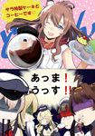  ;d ahoge anger_vein bad_id bad_pixiv_id banned_artist blue_eyes brown_hair censored censored_food coffee coffee_pot commentary cup cupcake dress drinking_glass food graf_zeppelin_(kantai_collection) hair_between_eyes iowa_(kantai_collection) kantai_collection kongou_(kantai_collection) long_hair mosaic_censoring multiple_girls neckerchief one_eye_closed open_mouth ponytail red_neckwear roma_(kantai_collection) saratoga_(kantai_collection) side_ponytail smile tachikoma_(mousou_teikoku) translated turn_pale vomiting warspite_(kantai_collection) white_dress wine_glass 