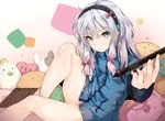  absurdres bare_legs barefoot blue_eyes blush bow drawing_tablet eromanga_sensei hair_bow hairband highres hplay izumi_sagiri jacket legs legs_up long_hair looking_at_viewer messy_hair pink_bow silver_hair solo stuffed_animal stuffed_toy stylus twitter_username yes yes-no_pillow 