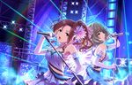  artist_request bangs bare_shoulders brown_eyes brown_hair collarbone dress earrings elbow_gloves flower gloves hair_flower hair_ornament idolmaster idolmaster_cinderella_girls idolmaster_cinderella_girls_starlight_stage jewelry kawashima_mizuki long_hair looking_at_viewer microphone microphone_stand multiple_girls music necklace official_art ponytail short_hair singing stage takagaki_kaede 