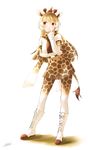  absurdres animal_ears artist_name belt blonde_hair blush boots breasts brown_eyes closed_mouth contrapposto cross-laced_footwear eyebrows_visible_through_hair full_body giraffe_ears giraffe_horns giraffe_tail high-waist_skirt highres kemono_friends knee_boots long_hair looking_away medium_breasts multicolored multicolored_clothes multicolored_hair multicolored_legwear pantyhose pleated_skirt reticulated_giraffe_(kemono_friends) scarf shirt short_sleeves signature simple_background skirt sleeves_past_wrists solo standing stylecase two-tone_hair white_background white_footwear white_hair white_shirt 