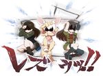  animal_ears autodefenestration belt black_footwear black_legwear blonde_hair broken_glass brown_hair chaki_(teasets) chikuma_(kantai_collection) closed_mouth crossed_arms crossover emphasis_lines fennec_(kemono_friends) fox_ears fox_tail girls_und_panzer glass green_shirt green_skirt kantai_collection kemono_friends kneehighs loafers long_hair long_sleeves military military_uniform multiple_girls nonna pink_sweater pleated_skirt pravda_military_uniform shaded_face shirt shoes short_sleeves skirt smile sweater tail translated uniform white_background white_skirt 