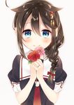  arms_at_sides bangs beige_background blue_eyes blush braid brown_hair closed_mouth commentary_request eyebrows_visible_through_hair flower hair_between_eyes hair_flaps hair_ornament hair_over_shoulder holding holding_flower jewelry kantai_collection long_hair looking_at_viewer md5_mismatch naoto_(tulip) neckerchief pink_flower red_flower red_neckwear red_rose remodel_(kantai_collection) ring rose shigure_(kantai_collection) short_sleeves simple_background single_braid smile solo tareme upper_body wedding_band 