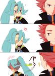  1girl 3koma blue_hair ccrg comic cousins dress embarrassed ibuki_(pokemon) long_hair pokemon pokemon_(game) pokemon_hgss red_hair short_hair sleeveless sleeveless_dress smile wataru_(pokemon) white_background 