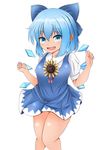  :d blue_eyes blue_hair blush bow breasts cirno commentary dress fang flower hair_bow hair_ribbon hidden_star_in_four_seasons highres ice ice_wings isshin_(sasayamakids) looking_at_viewer medium_breasts open_mouth ribbon short_dress short_hair smile solo sunflower tan tanned_cirno thick_thighs thighs touhou wings 