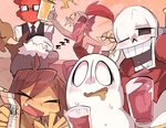  androgynous bird blue_skin blush bow bowtie brown_hair closed_eyes cup drooling duck eyepatch fire frisk_(undertale) g_perarikku ghost glasses gloves grillby grin head_fins hood hoodie long_sleeves milk_carton monster_girl multiple_boys multiple_girls napstablook one_eye_closed open_mouth papyrus_(undertale) ponytail red_hair sans sharp_teeth shirt skeleton sleeping smile striped striped_shirt sweatdrop tank_top teeth undertale undyne yellow_skin zzz 