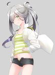  ahoge arm_at_side asashimo_(kantai_collection) black_shorts breasts comah cowboy_shot gradient_hair green_eyes grey_hair grin hair_over_one_eye hand_on_hip kantai_collection long_hair long_sleeves looking_at_viewer midriff multicolored_hair navel ponytail purple_hair shirt shorts small_breasts smile solo striped striped_shirt unbuttoned 