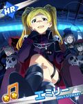  beamed_eighth_notes beret blonde_hair boots character_name crossed_legs emily_stewart hakozaki_serika hat idolmaster idolmaster_million_live! looking_at_viewer multiple_girls musical_note nagayoshi_subaru nikaidou_chizuru official_art open_mouth sitting skull top_hat twintails 