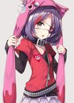  animal_hood blush brown_eyes choker eyepatch fang hayasaka_mirei highres hood hoodie idolmaster idolmaster_cinderella_girls looking_at_viewer multicolored_hair open_mouth purple_hair red_hair sakimiya_mafu short_hair simple_background solo 