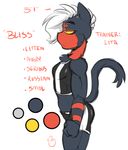  2016 anthro black_fur bliss_(duckdraw) chest_tuft clothed clothing duckdraw ear_piercing english_text female fur hair litten midriff model_sheet muscular muscular_female nintendo piercing pok&eacute;mon red_eyes red_fur shirt shorts solo text tight_clothing tuft video_games white_hair yellow_sclera 