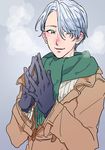  bad_id bad_pixiv_id black_gloves blue_eyes coat gloves hair_over_one_eye hands_together male_focus naruko_(nalcoro) scarf silver_hair smile viktor_nikiforov yuri!!!_on_ice 