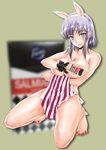  animal_ears barefoot blue_eyes breasts bunny_ears candy dagashi_kashi fake_animal_ears food full_body hairband kita_kazuki large_breasts lips looking_at_viewer nail_polish pelvic_curtain purple_hair red_nails ringed_eyes scrunchie shidare_hotaru short_hair solo squatting striped toenail_polish topless vertical_stripes wrist_scrunchie 