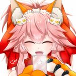  :3 animal_ears bell bell_collar cellphone closed_eyes collar fangs fate/grand_order fate_(series) fox_ears hair_ribbon heart long_hair lytlennier open_mouth paws phone pink_hair ribbon simple_background smartphone solo tamamo_(fate)_(all) tamamo_cat_(fate) white_background 