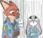 anthro canine clothed clothing colored disney drawning duo female fox judy_hopps lagomorph male mammal nick_wilde purple_eyes rabbit simple_background size_difference standing text zootopia 