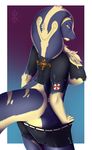  anthro big_breasts breasts butt clothed clothing female fur harnny hi_res lehandrea looking_at_viewer nipples pants_down partially_clothed reptile scalie smile snake solo standing teasing torn_clothing 