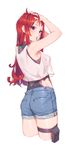  arms_up breasts denim denim_shorts fangxiang_cuoluan from_behind highleg highleg_leotard holster leotard long_hair medium_breasts original red_eyes red_hair shorts simple_background solo thigh_holster thigh_strap 